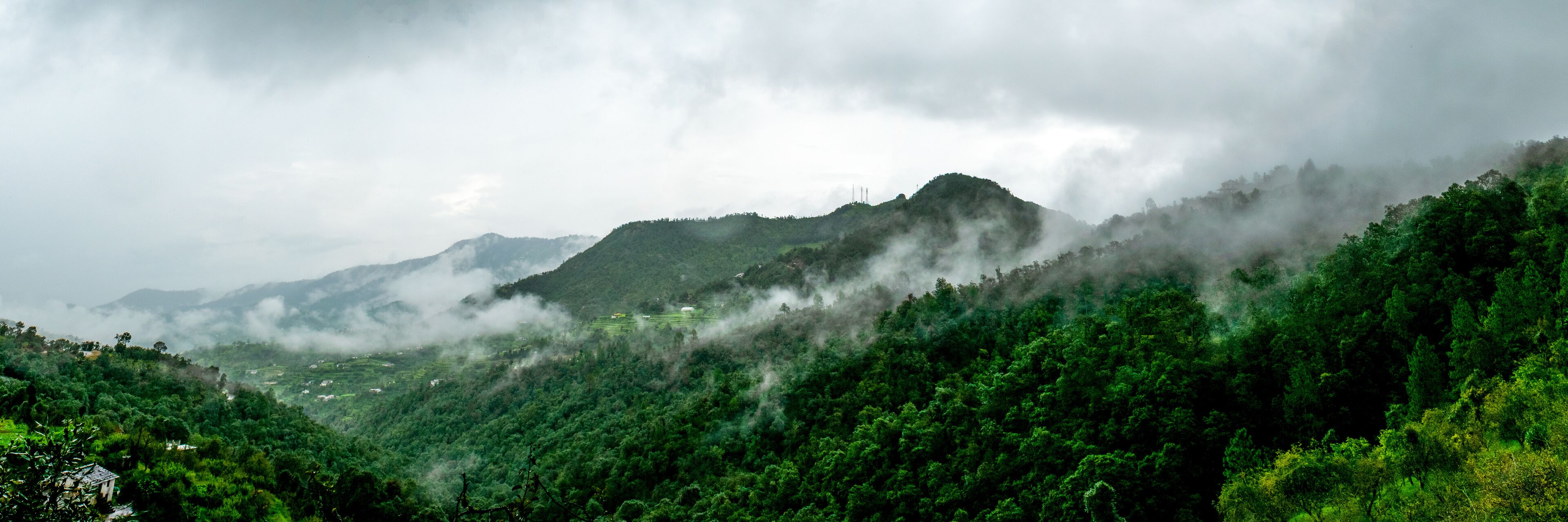 A mountainous landscape with dense green forests and mist-covered peaks.