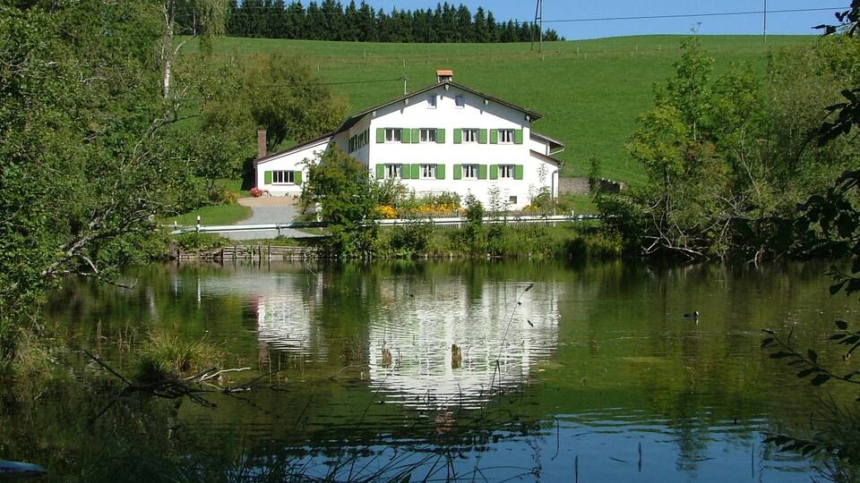 A white house with green shutters by a calm lake surrounded by trees.