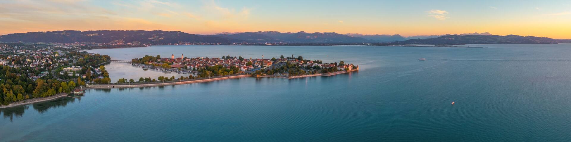 Panoramic view on the city Lindau and the Lake Constance in Germany.