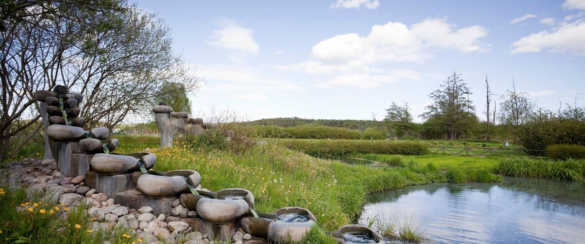 A serene pond with stone structures and lush greenery.