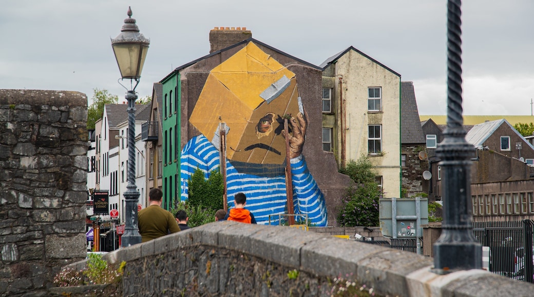 Cork City Centre featuring a bridge and outdoor art as well as a family