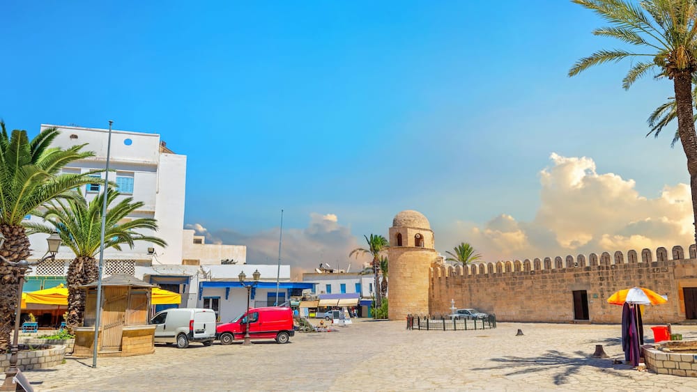 Bazar square with medieval fortress wall of Ribat in Sousse. Tunisia, North Africa