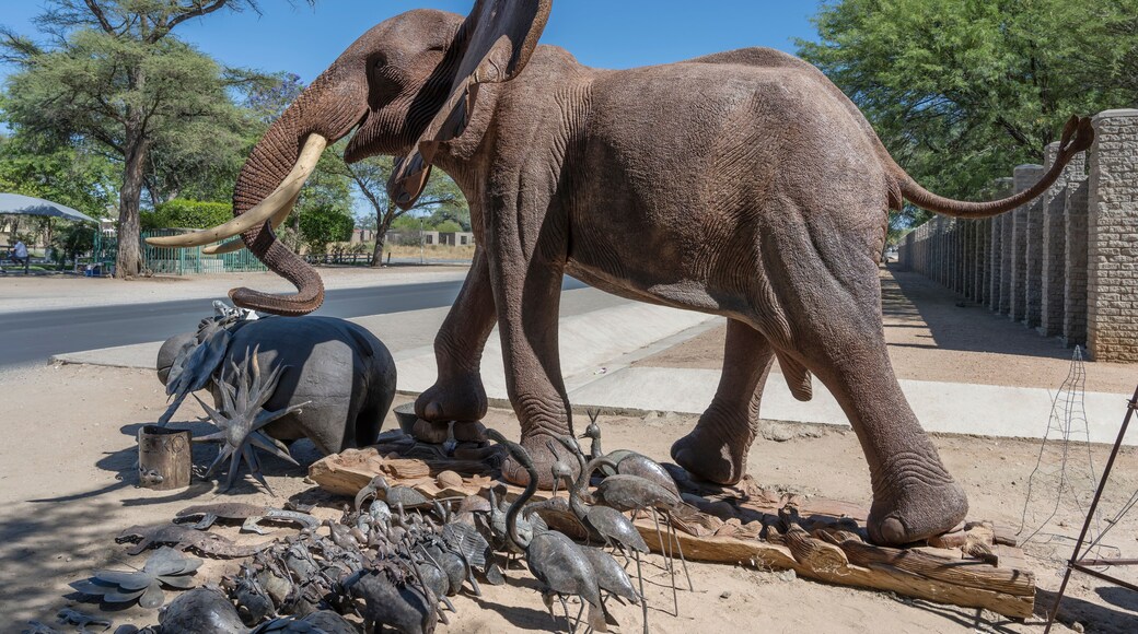 big wooden elefant and tin animals at craft market, Okahandja, Namibia