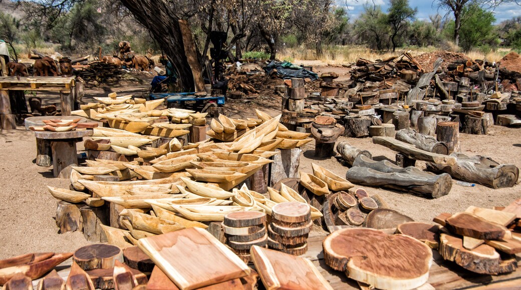 Wooden boats and other items at local wood craft market in Namibia, Southern Africa