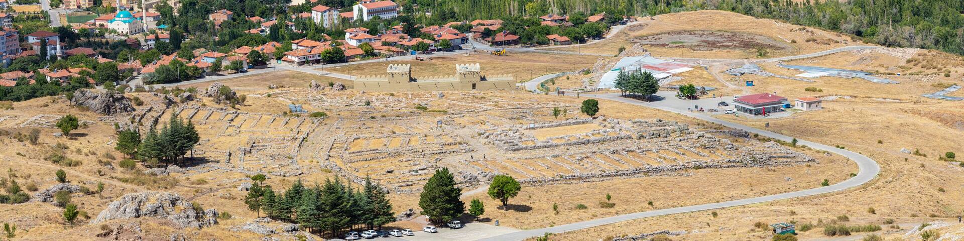 Panoramic view to the remains of big temple of Hattusa and Bogazkale village. Turkey (Turkiye)