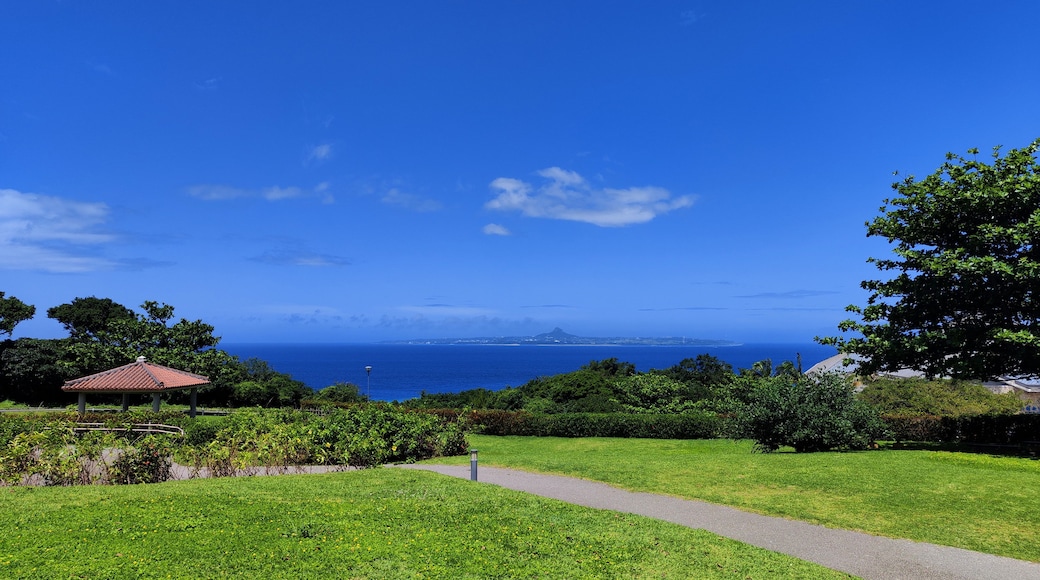 A park with a gazebo, a pathway, lush greenery, and a view of the ocean and distant land.