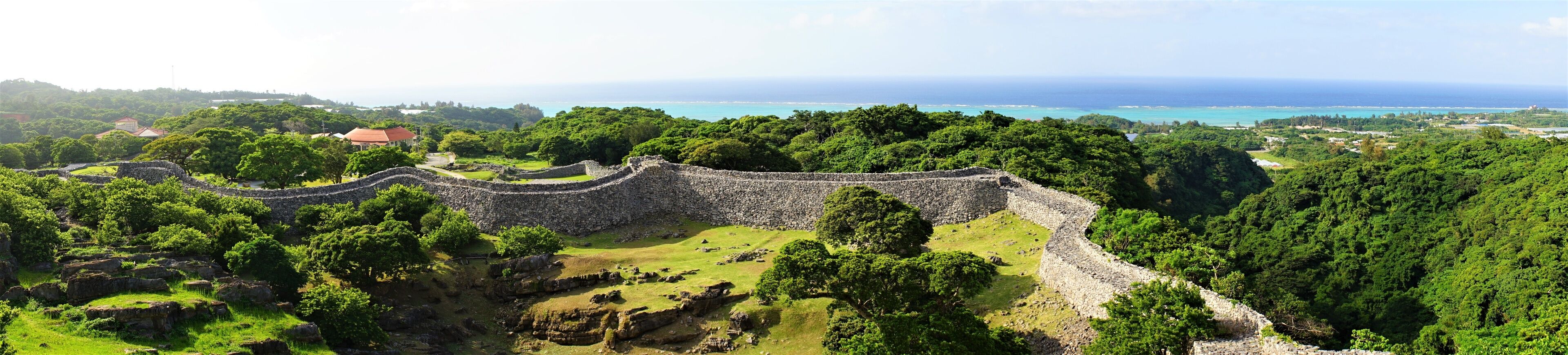 Aerial view of Nakijinjo castle ruins and the stone wall in Okinawa. Japan, panoramic view - 日本 沖縄 今帰仁城跡 城壁 パノラマ