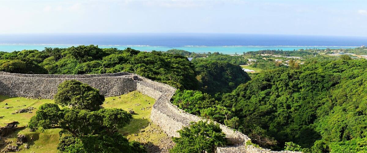 Aerial view of Nakijinjo castle ruins and the stone wall in Okinawa. Japan, panoramic view - 日本 沖縄 今帰仁城跡 城壁 パノラマ