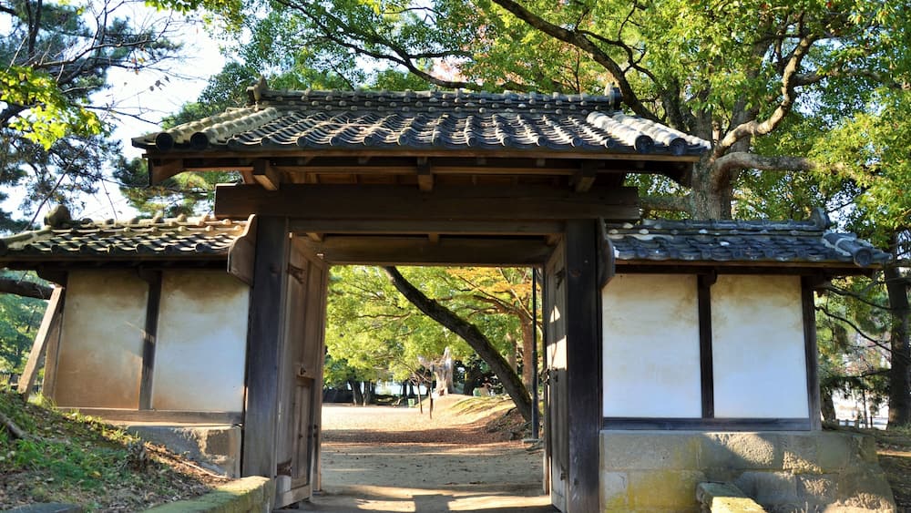 A traditional Japanese torii gate leading into a forested area with a clear path.