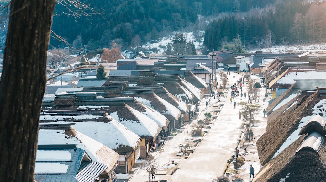 Ouchi Juku ancient farmer house village with snow in winter, former post town along the Aizu-Nishi Kaido trade route during the Edo Period. Shimogo town, Minamiaizu, Fukushima Prefecture, Japan