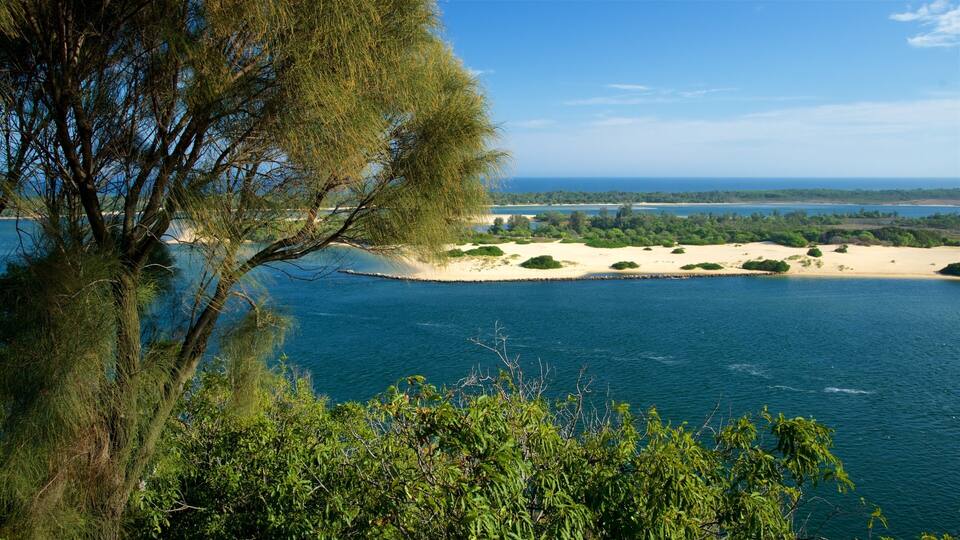 A coastal landscape with a sandy beach, dense greenery, and a clear blue sea.