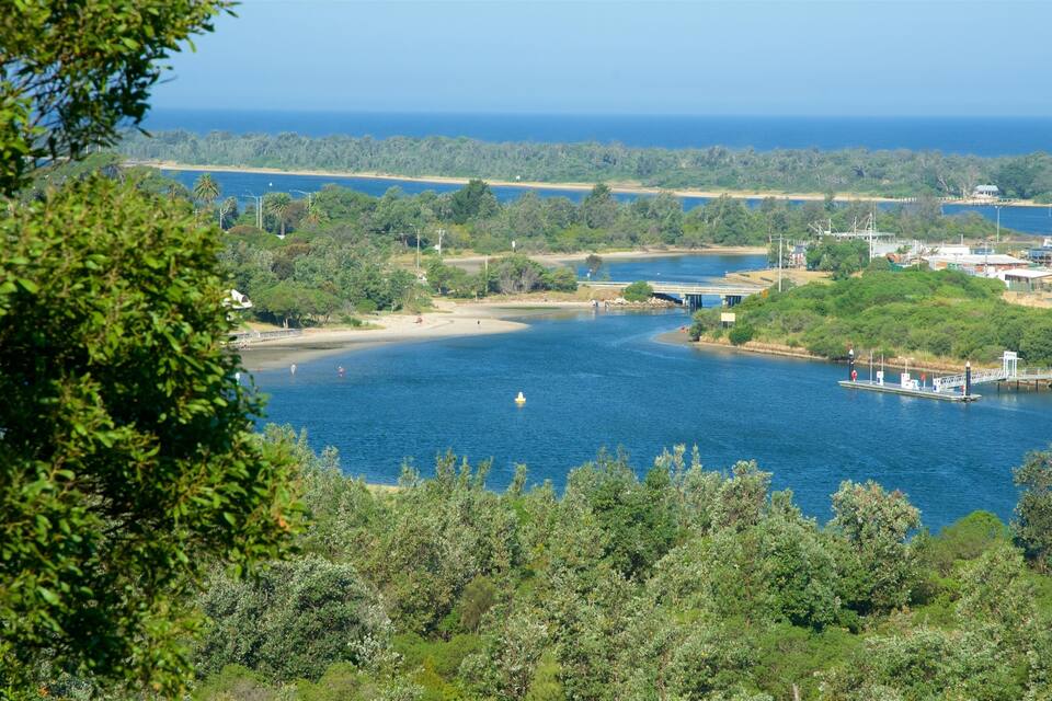 A river with a bridge, boats, and a coastal area with greenery and buildings.