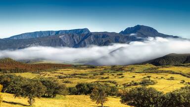 A mountainous landscape with a valley and forested areas.