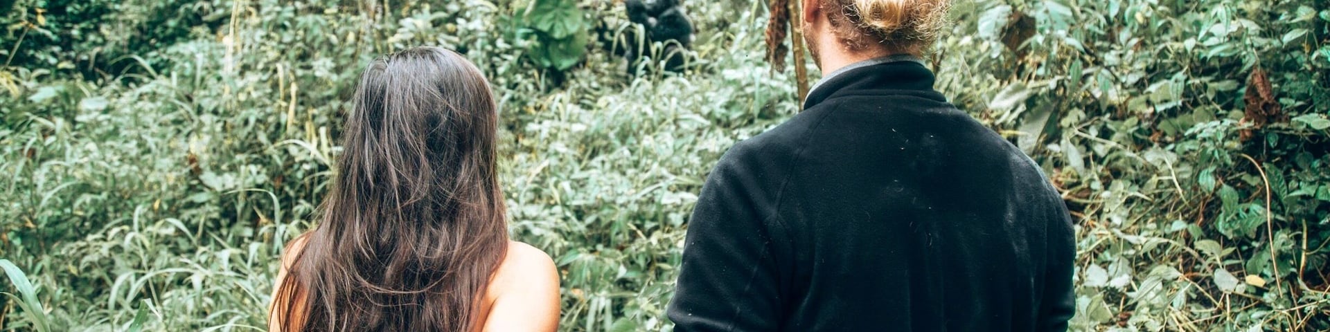 Two people walking through a dense forest with tall trees and thick underbrush.