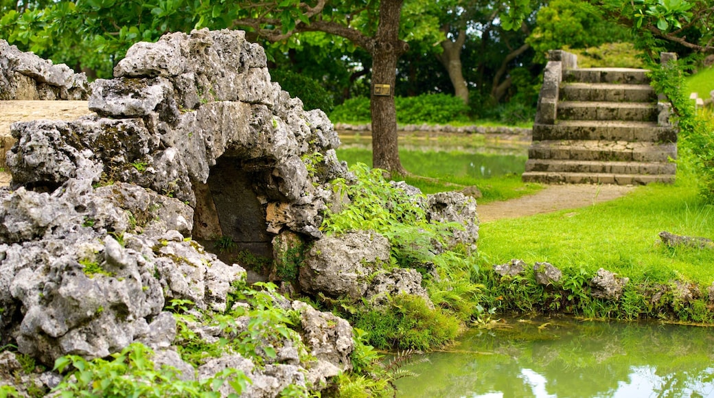Shikinaen Garden featuring a bridge, a garden and a pond