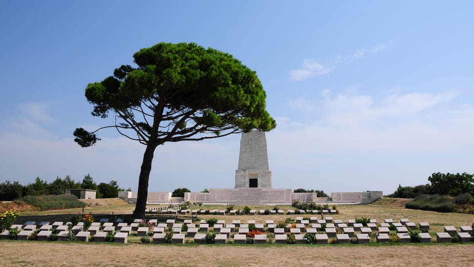A memorial with a tall monument, rows of graves, and a prominent tree.