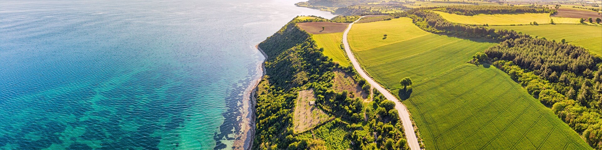 A coastal landscape with a clear view of the coastline, green fields, and a road leading to the sea.