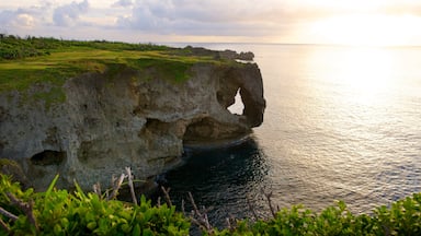 A coastal landscape with a prominent rock formation featuring a natural arch over the sea.