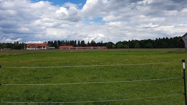 A rural landscape with a green field, a red building, and a cloudy sky.