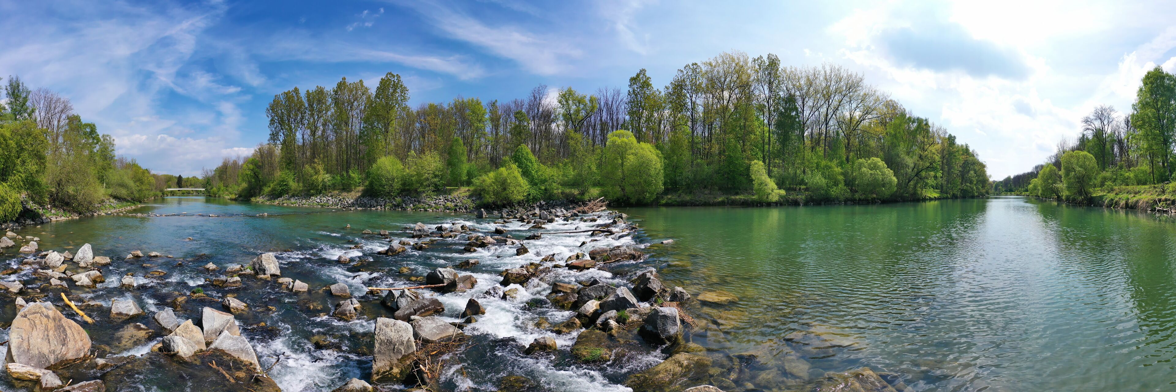 A river with clear water flowing over rocks, surrounded by dense green trees and a clear blue sky.