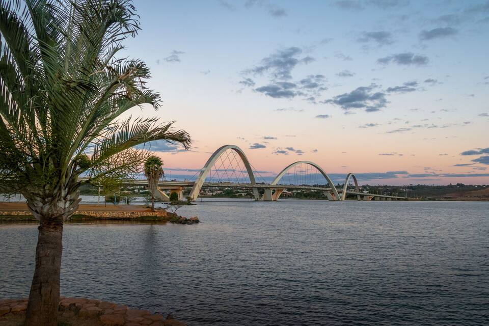 A bridge over water with palm trees in the foreground.