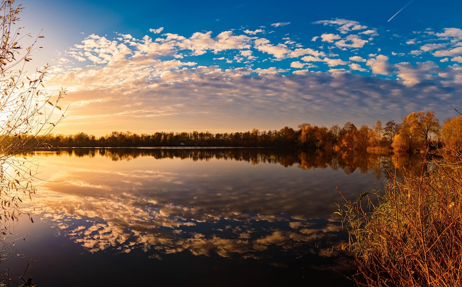 Ein ruhiger See spiegelt Himmel und Bäume wider.