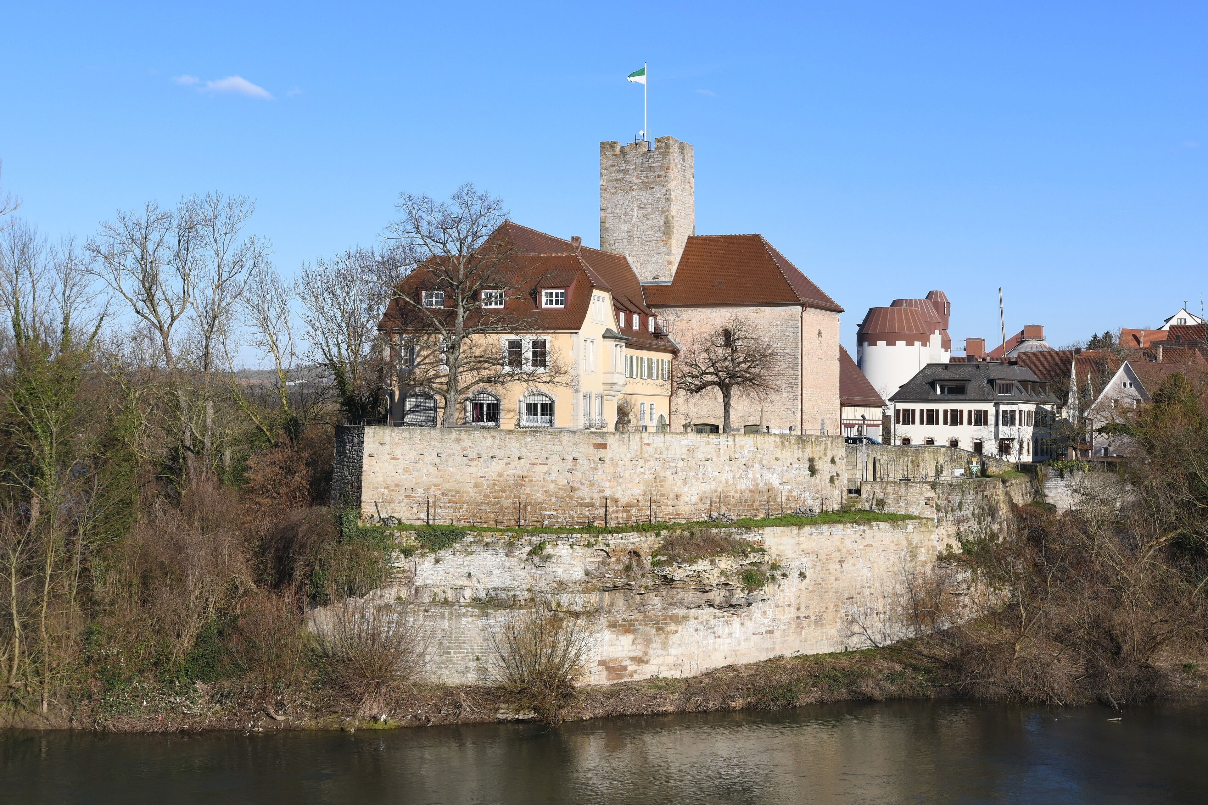 A historic castle with a prominent tower, a river in the foreground, and surrounding trees.