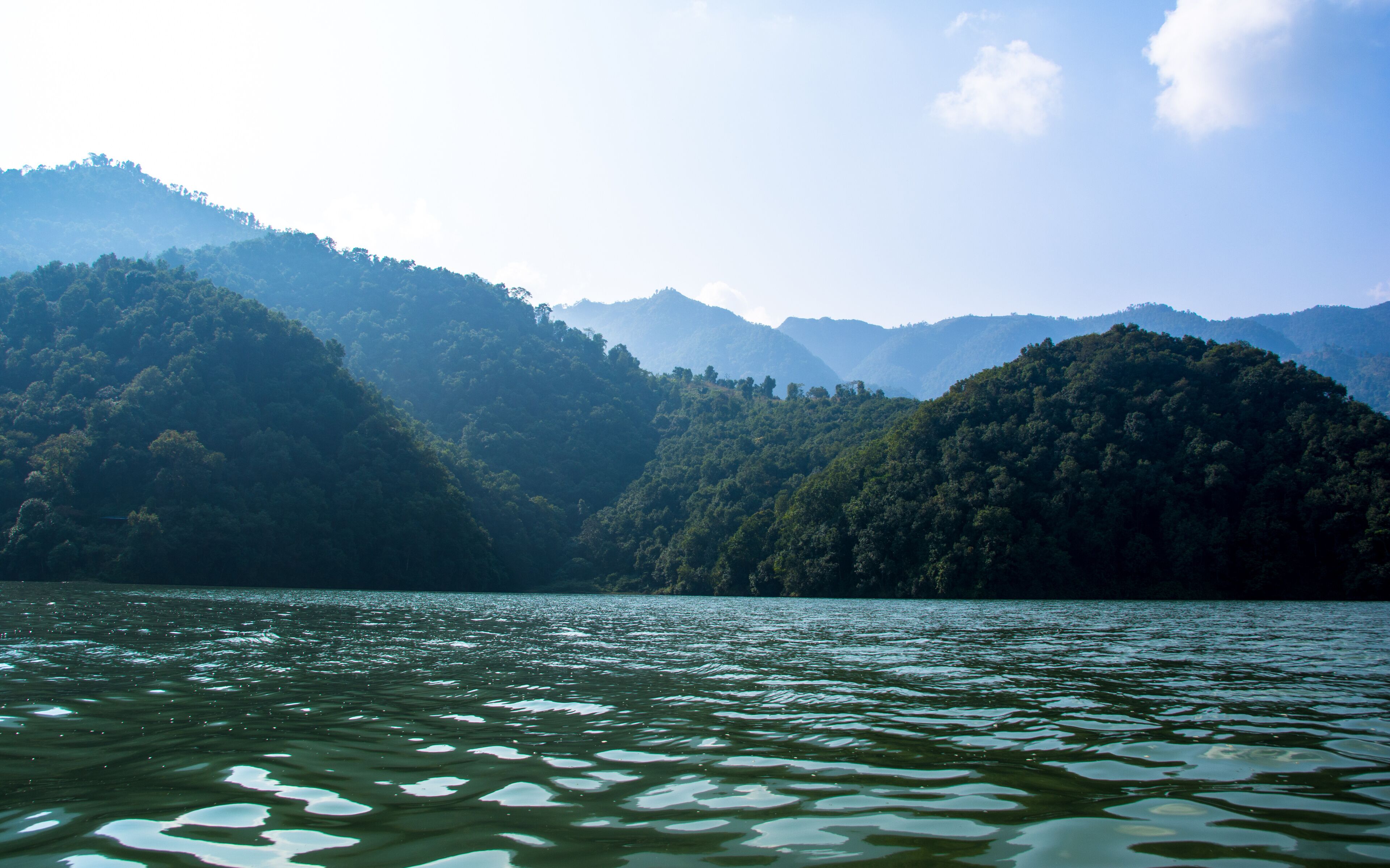 Phewa Lake and hills in Pokhara, a popular tourist destination. Taken in Nepal, Dec 2018