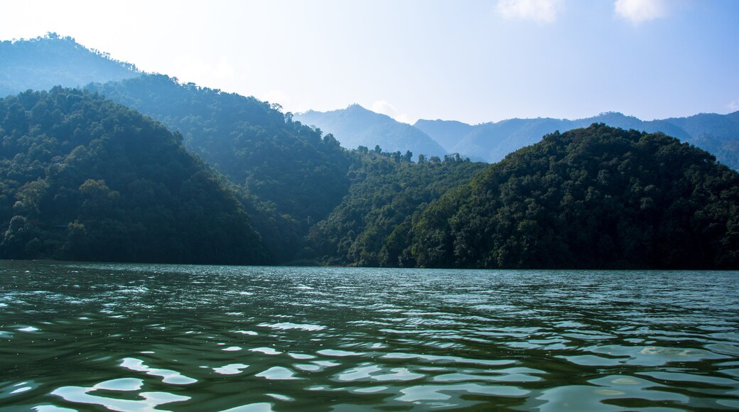 Phewa Lake and hills in Pokhara, a popular tourist destination. Taken in Nepal, Dec 2018