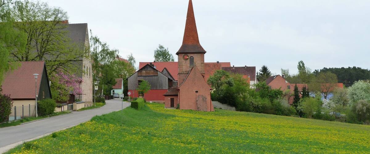 A church with a tall red spire, surrounded by houses and a green field with yellow flowers.