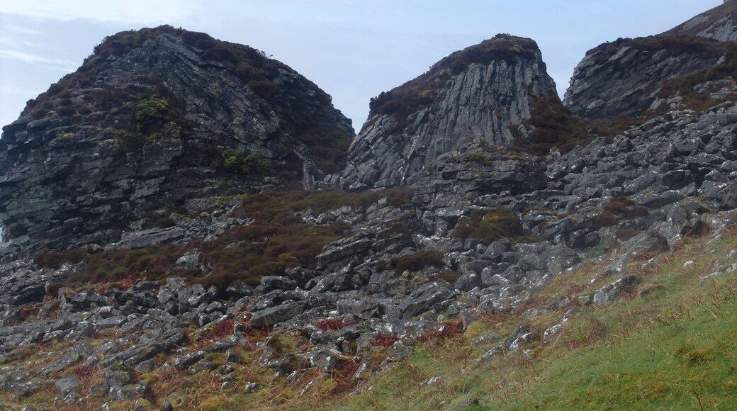 Columnar cooling joints in rhyodacitic pitchstone lava of Paleogene age at An Sgùrr (The Sgurr of Eigg) on the island of Eigg in Scotland.