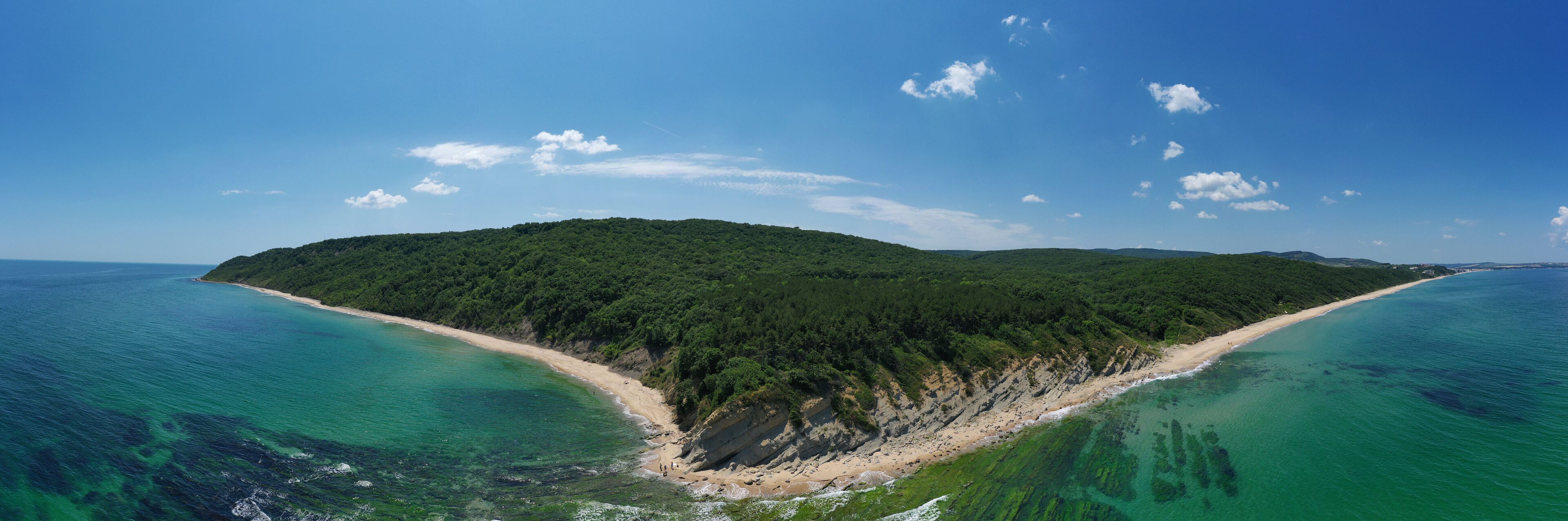 An aerial view of a coastal island with a sandy beach and dense forest.
