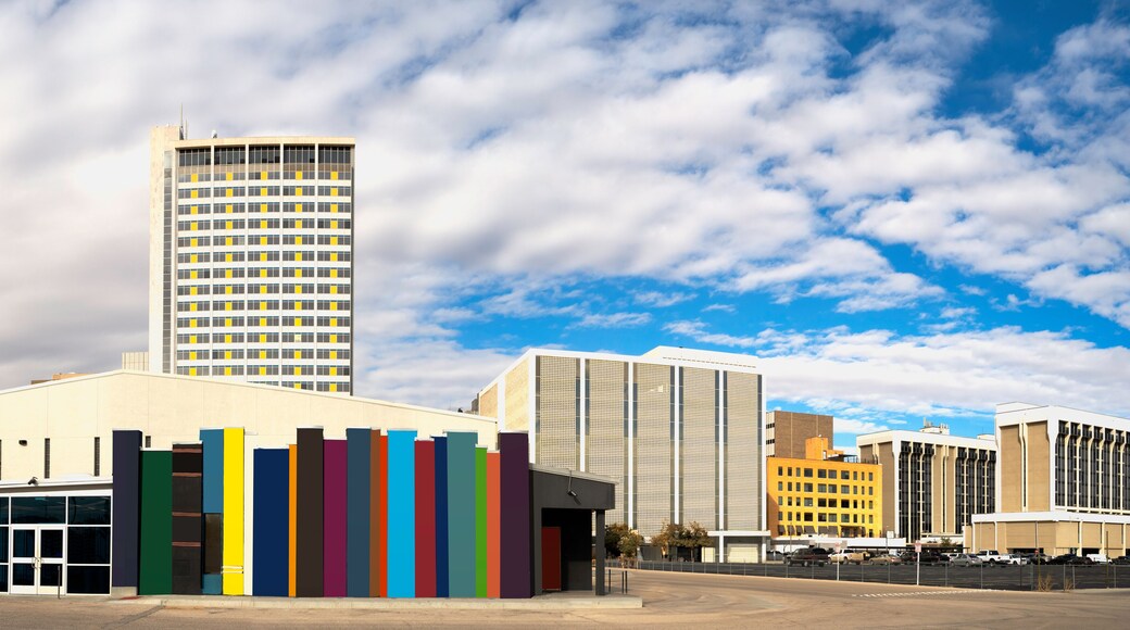 Colorful city buildings in Midland Texas, bright surreal modern cityscape