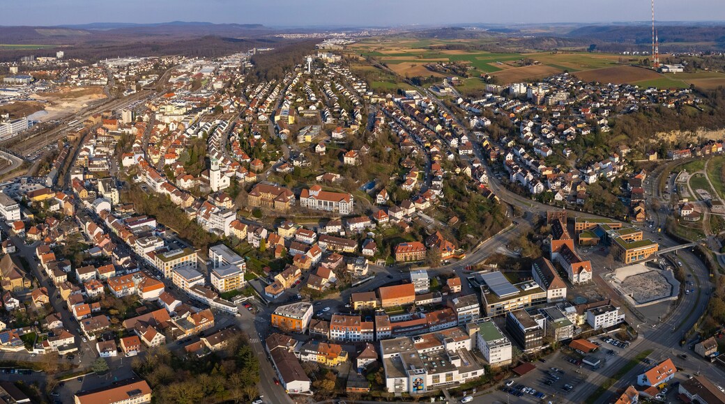 Aerial view around the old town of Mühlacker in south Germany on a sunny autumn day