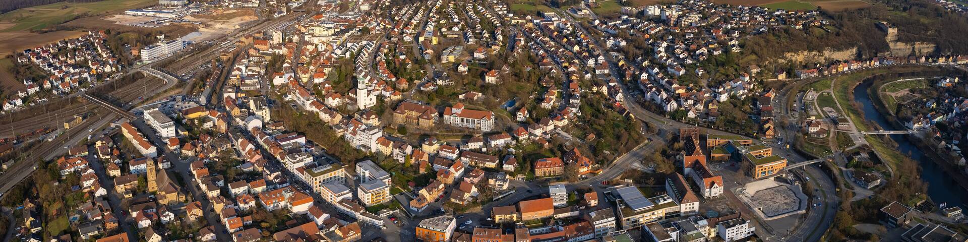 Aerial view around the old town of Mühlacker in south Germany on a sunny autumn day