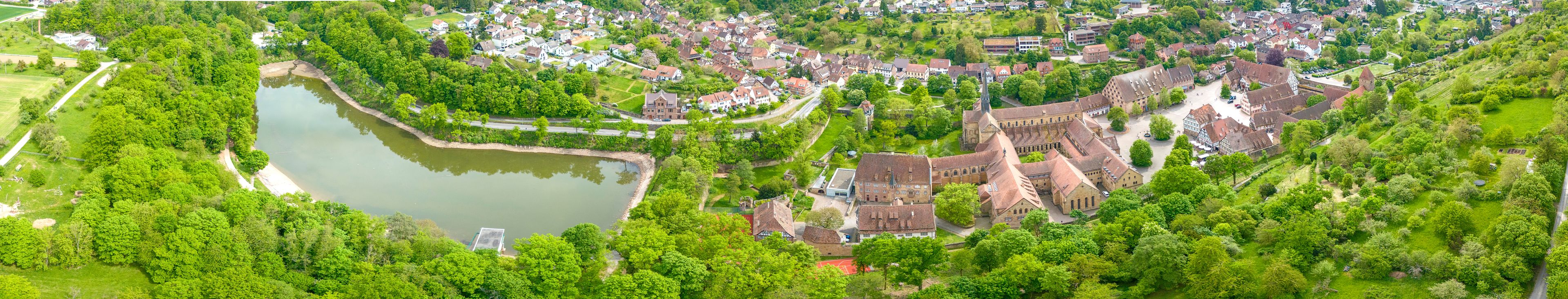 An aerial view of a town with a castle, a lake, and surrounding greenery.