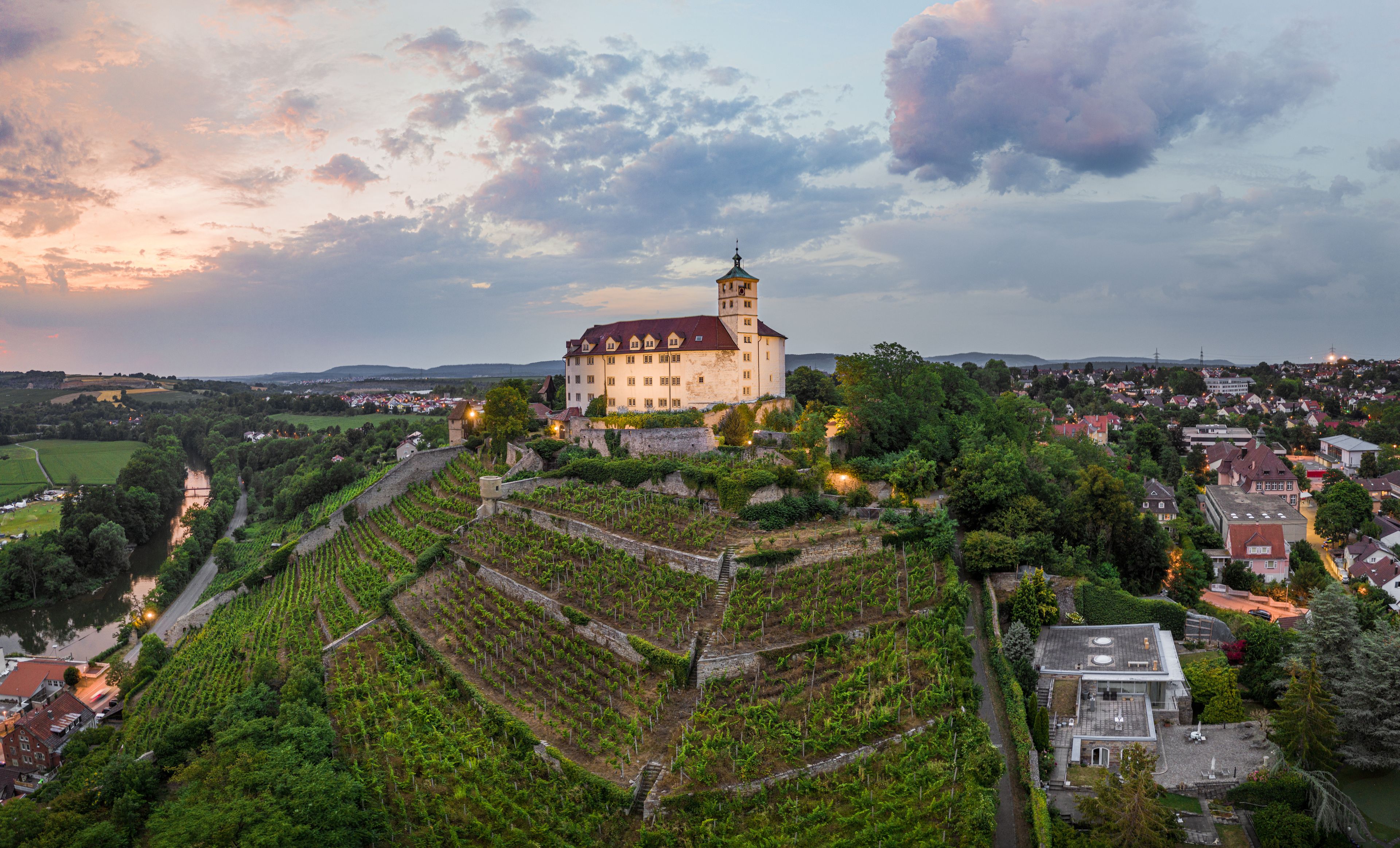 A castle on a hill overlooking a town and vineyards.