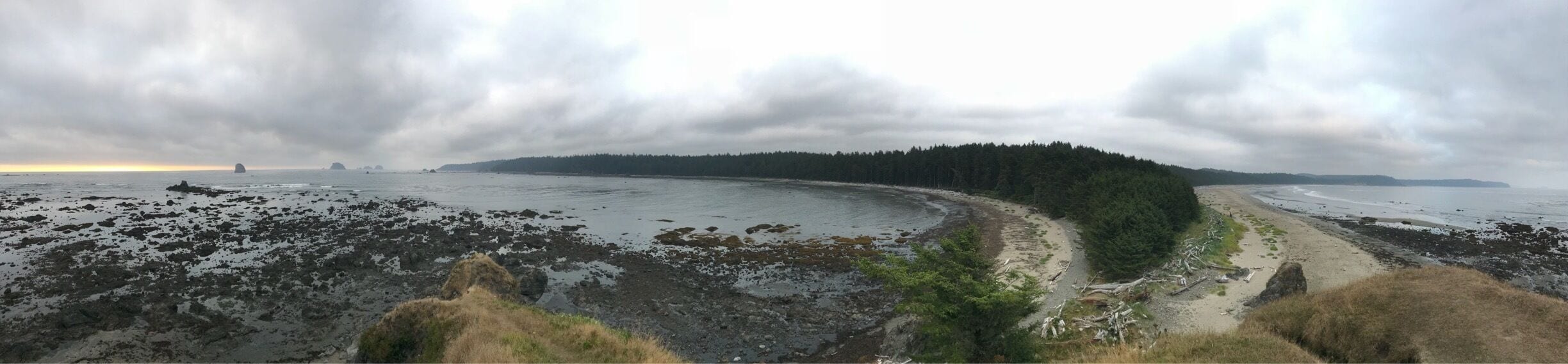 A coastal landscape with a sandy beach, rocky shore, and a forested hill in the background.