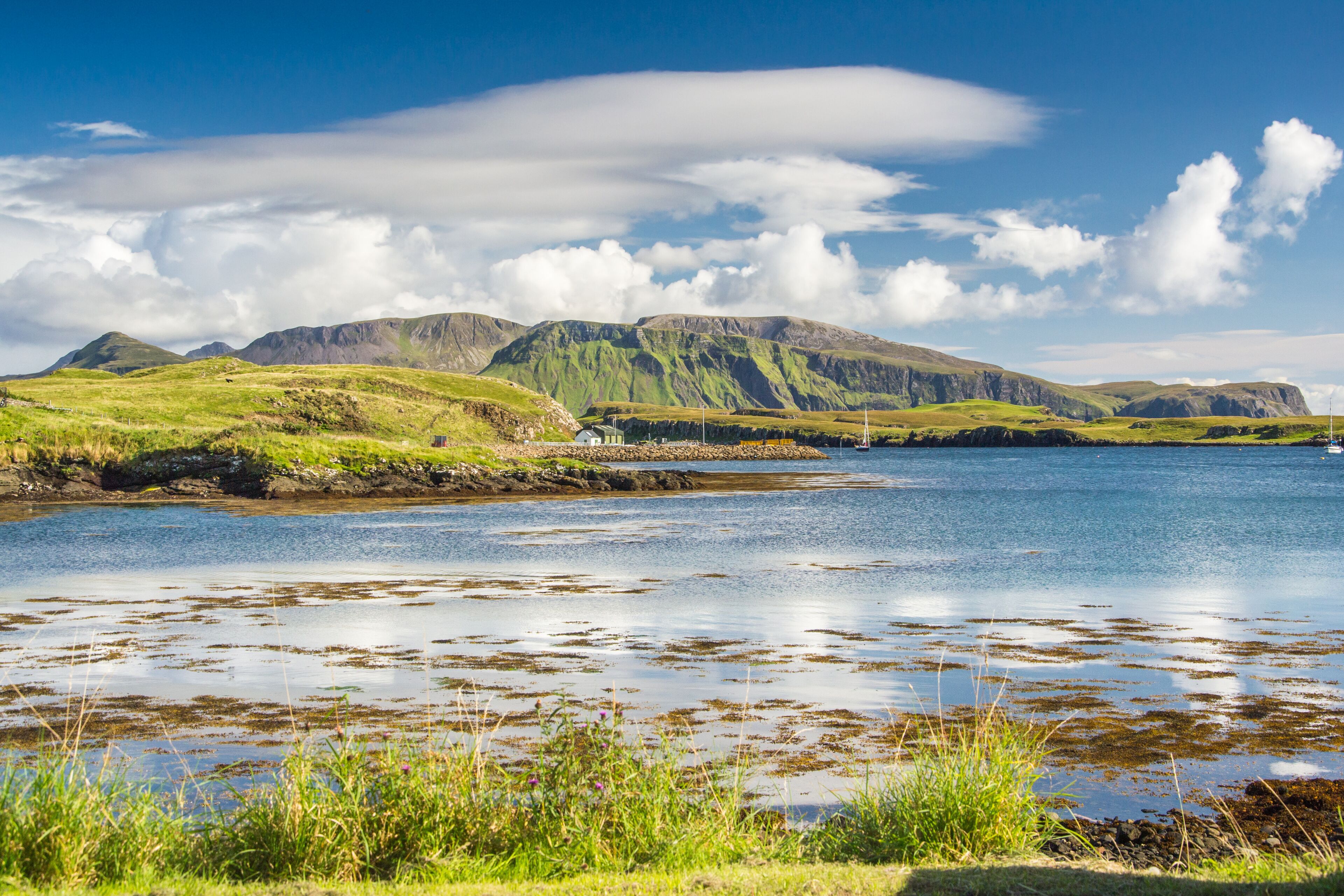 A coastal landscape with green hills, a calm sea, and a small house by the shore.