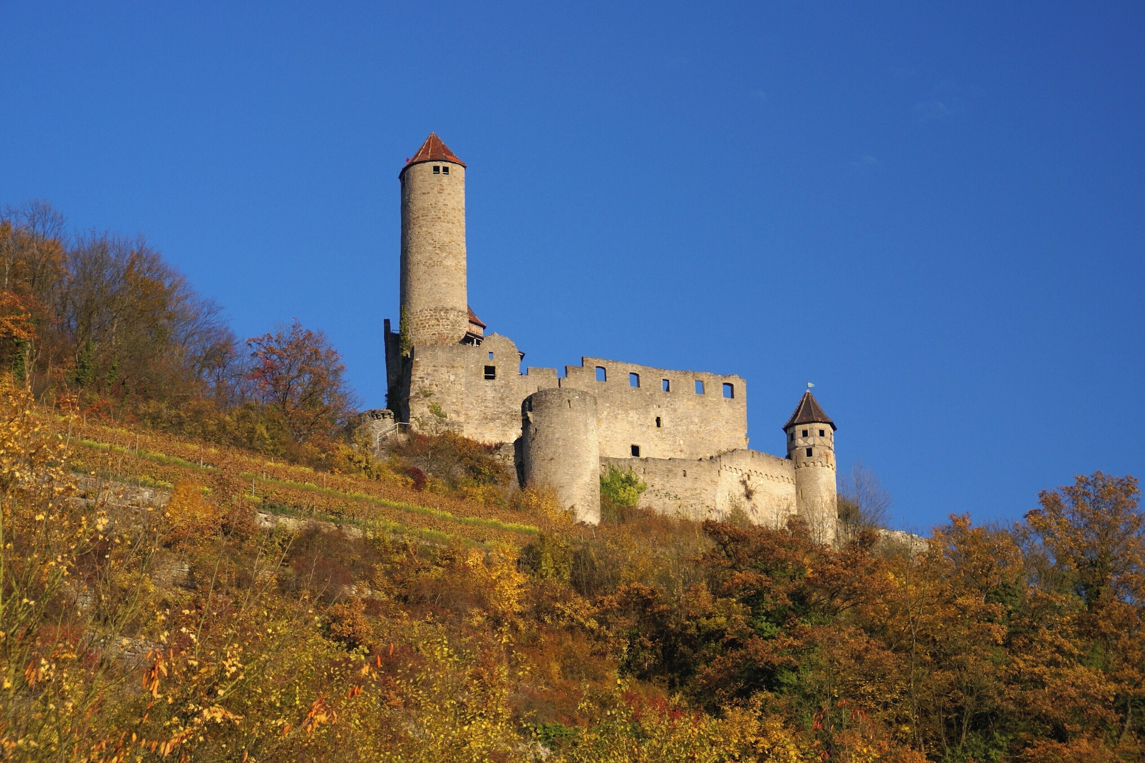 A medieval castle with two towers, surrounded by autumn foliage and a clear blue sky.