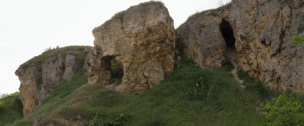 A rocky hillside with several caves and a grassy area.