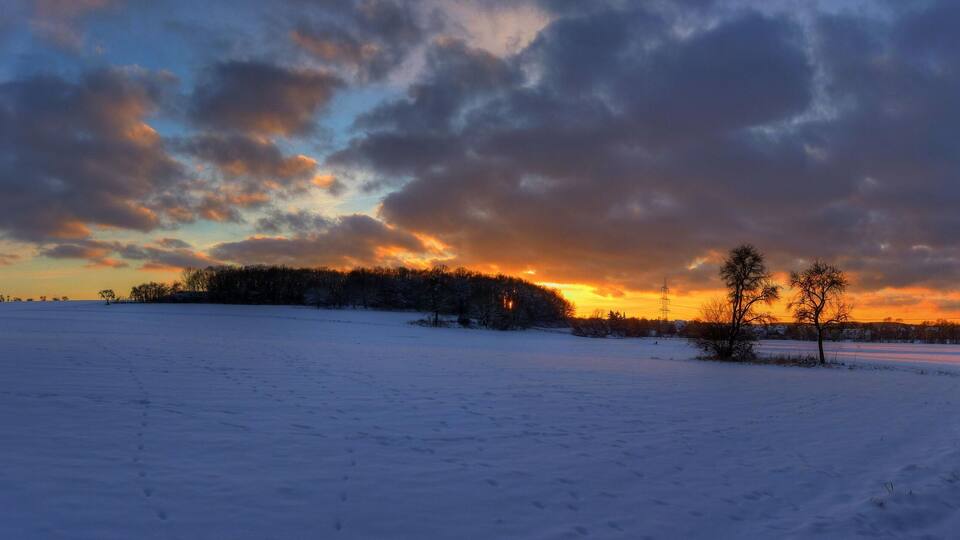 A snowy landscape with a sunset, trees, and a clear sky.
