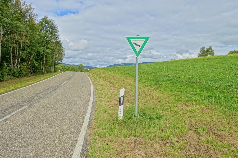 A rural road with a green triangular warning sign indicating a sharp bend to the right.
