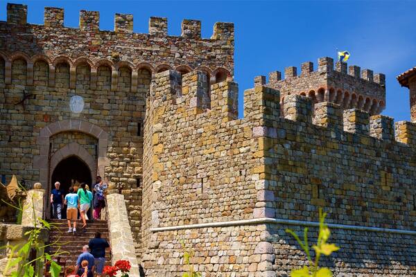 Castello di Amorosa ofreciendo elementos del patrimonio y castillo o palacio y también un pequeño grupo de personas