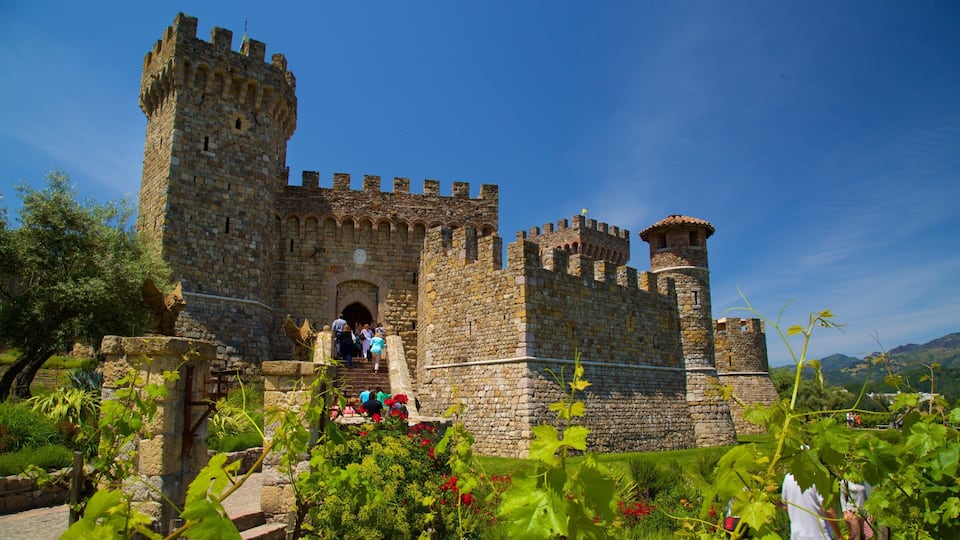 A historic stone castle with a central tower and battlements, surrounded by lush greenery and a clear blue sky.