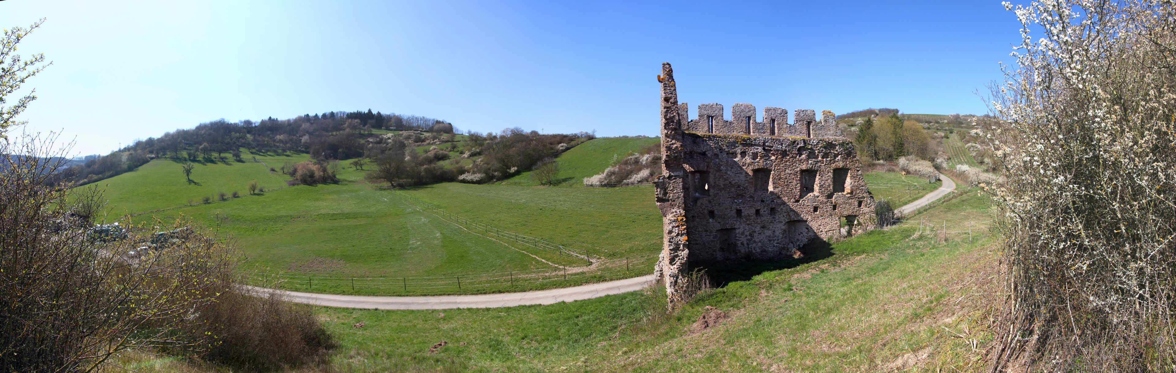 A historic stone castle ruin on a hillside, surrounded by green fields and a clear sky.