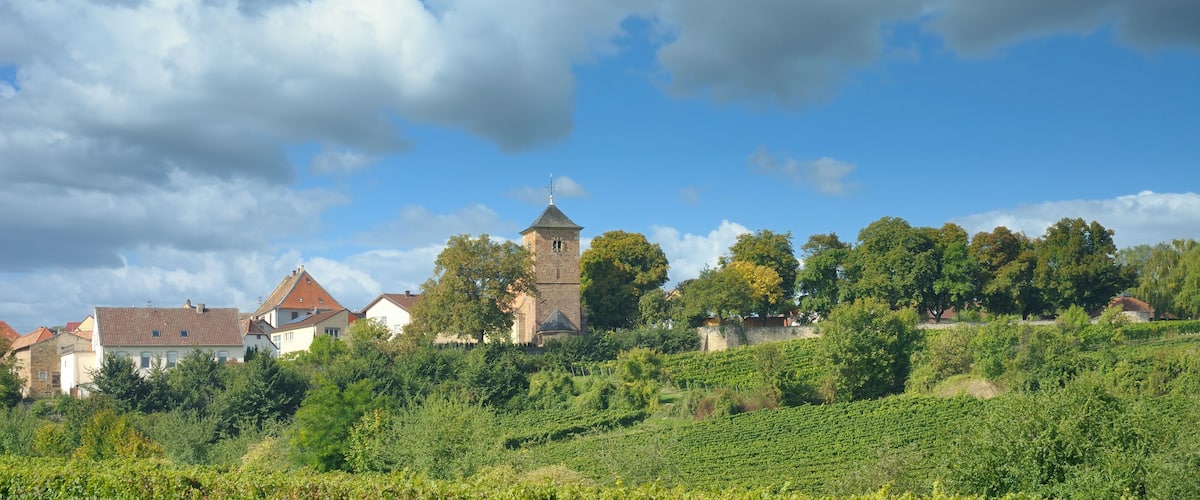 A village with a prominent tower, lush vineyards, and traditional houses under a partly cloudy sky.