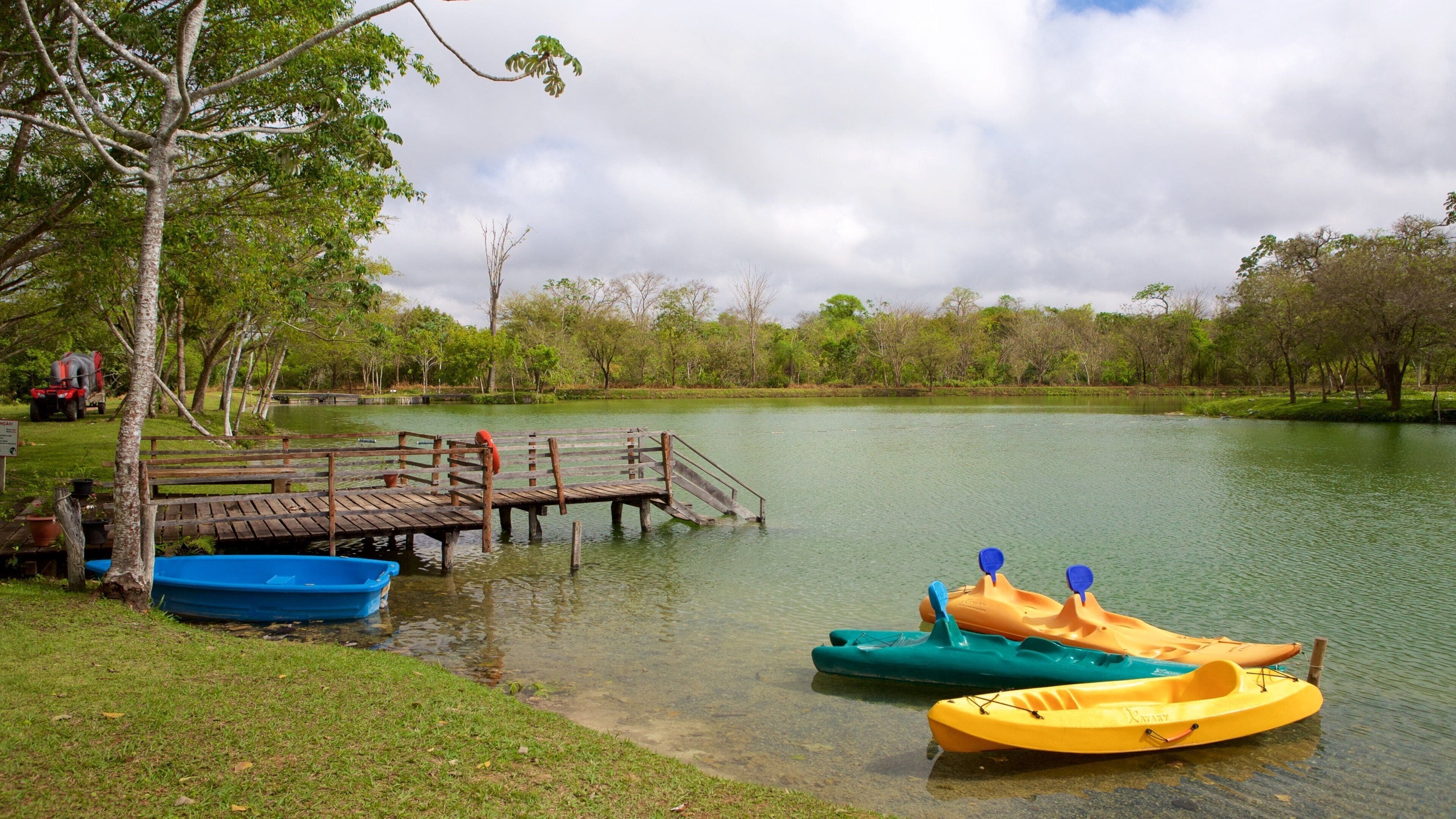 Um lago tranquilo com um cais de madeira e caiaques.
