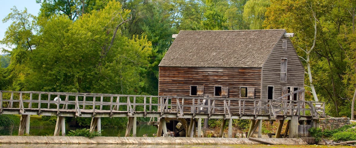A wooden structure with a bridge over a body of water, surrounded by trees.