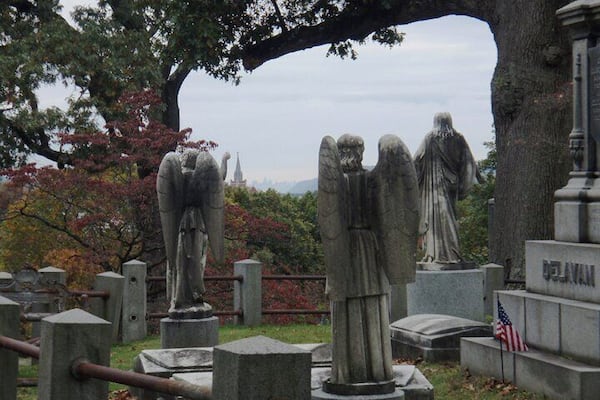 On a clear day, if you climb to the top of the cemetery, you can see the New York City skyline down the Hudson River.